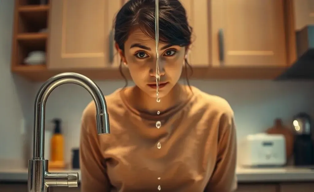 A homeowner looking puzzled in front of a leaking sink.