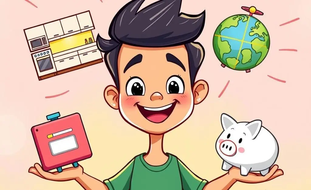 A cartoon-style scene of a person juggling different options like a new kitchen, travel, or savings.