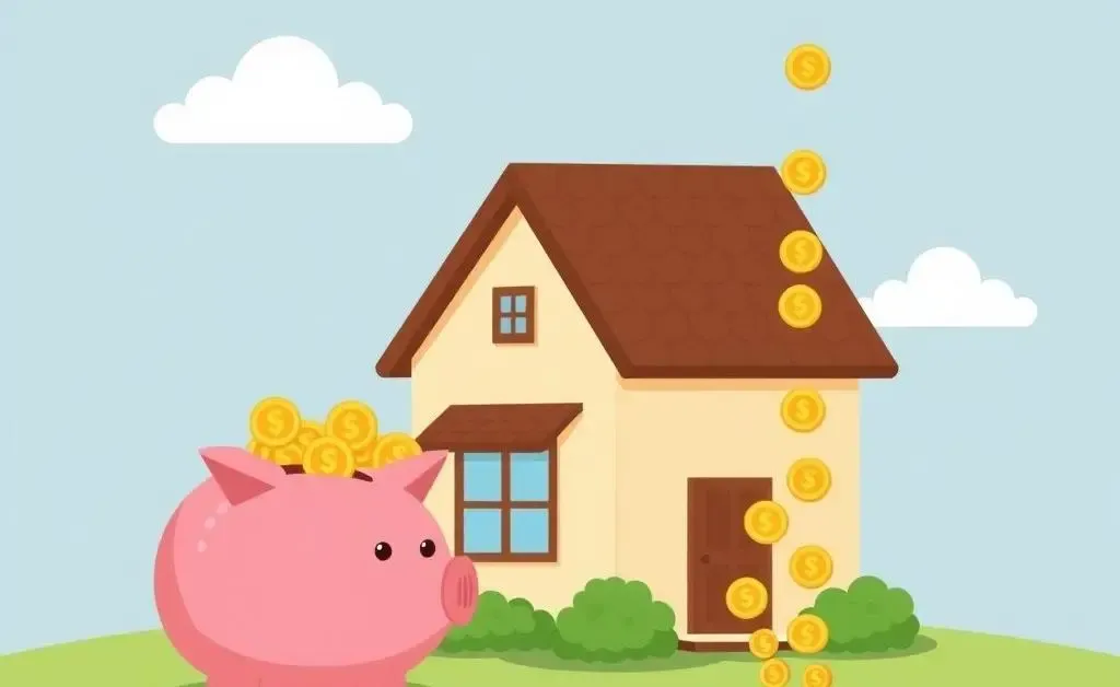 Cartoon of home equity concept with coins flowing into a piggy bank