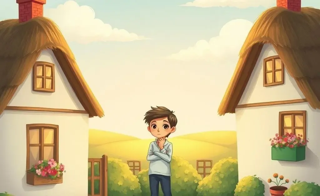 A whimsical drawing of a person standing between two houses, pondering a decision.