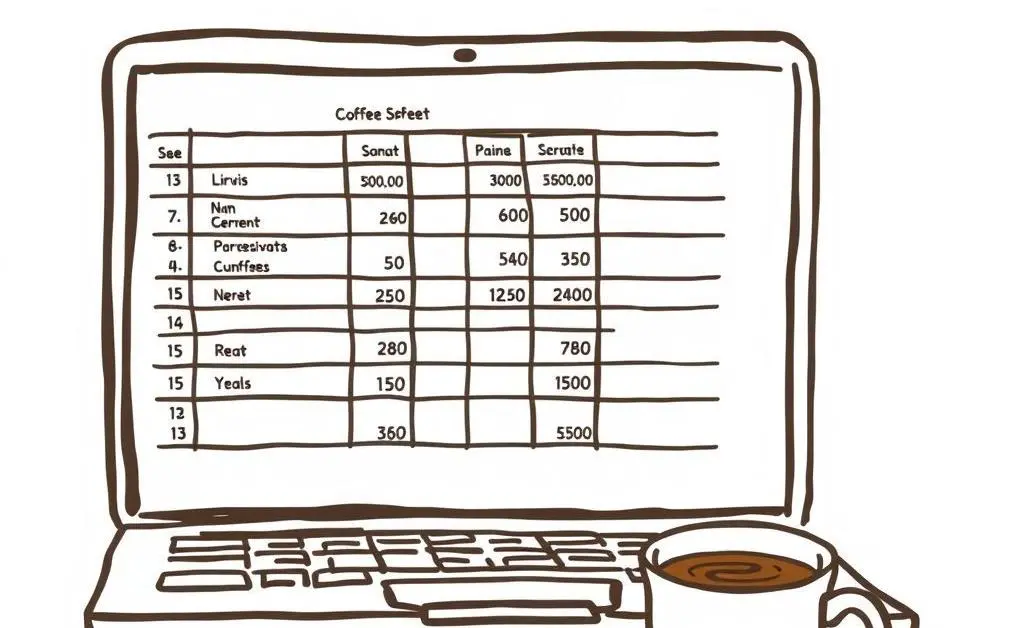 Laptop displaying financial spreadsheet and coffee cup