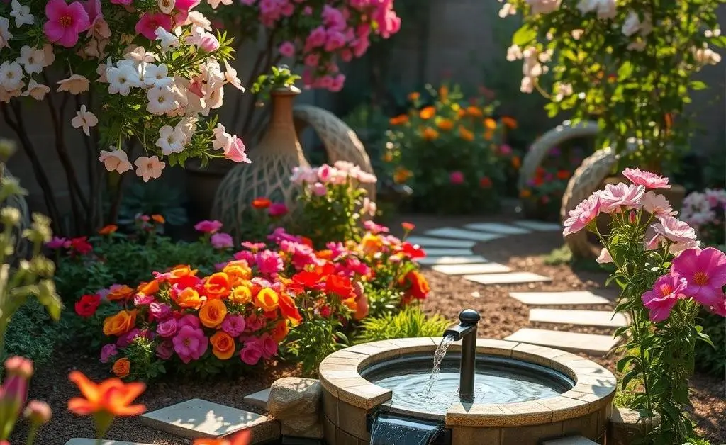 A serene home garden with blooming flowers and a small fountain