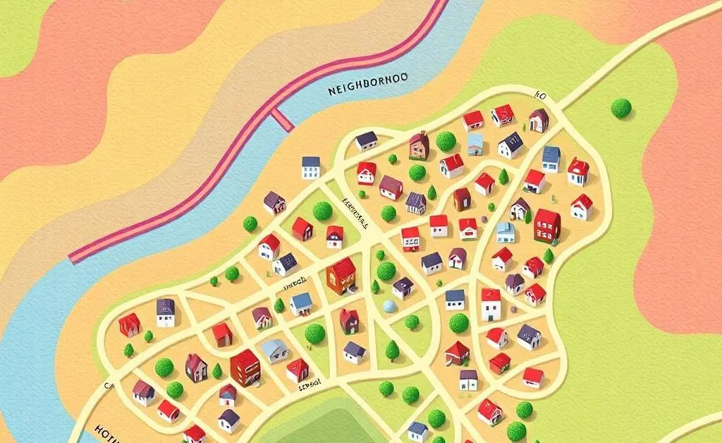 A stylized map showing houses with schools, hospitals, and parks.