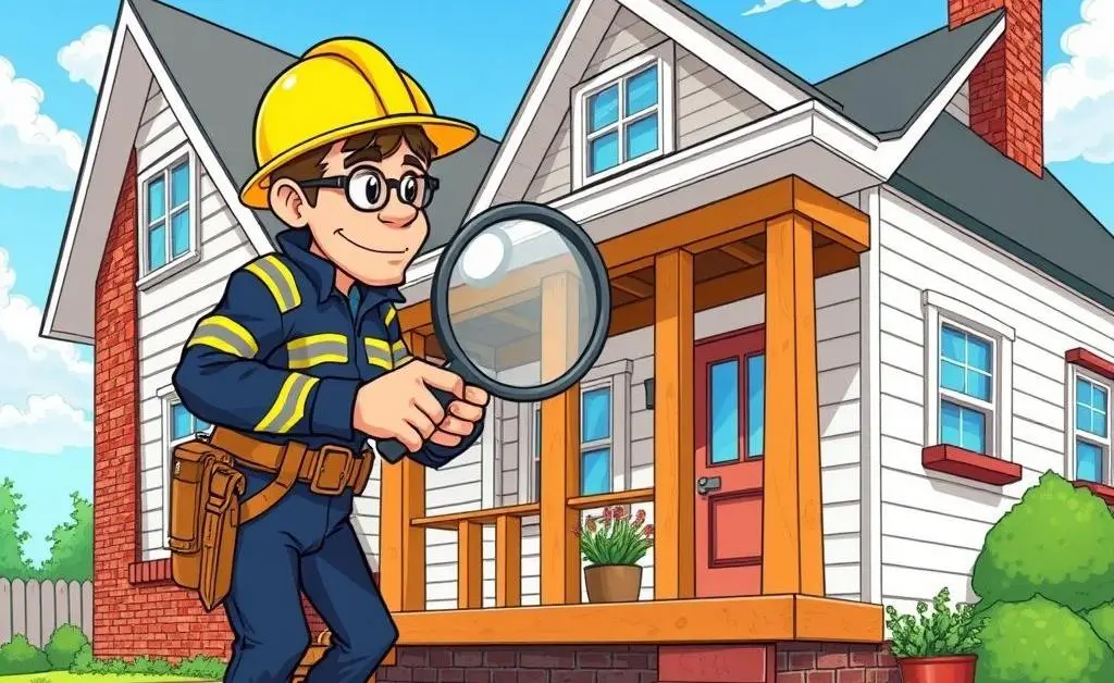 Cartoon of an inspector checking house structure with a magnifying glass.