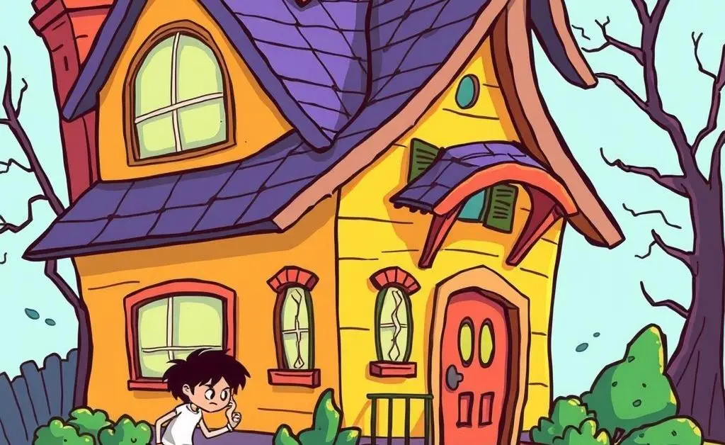 A person nervously inspecting a quirky house