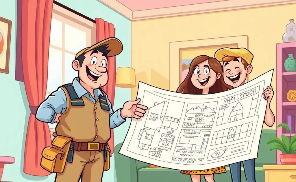 A cartoon of a home inspector with house blueprints and a couple