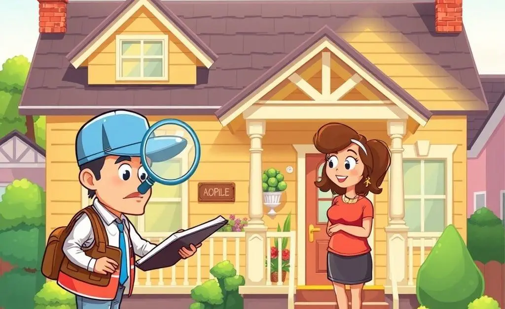 Cartoon-style image of a home inspector examining a house while a couple watches.