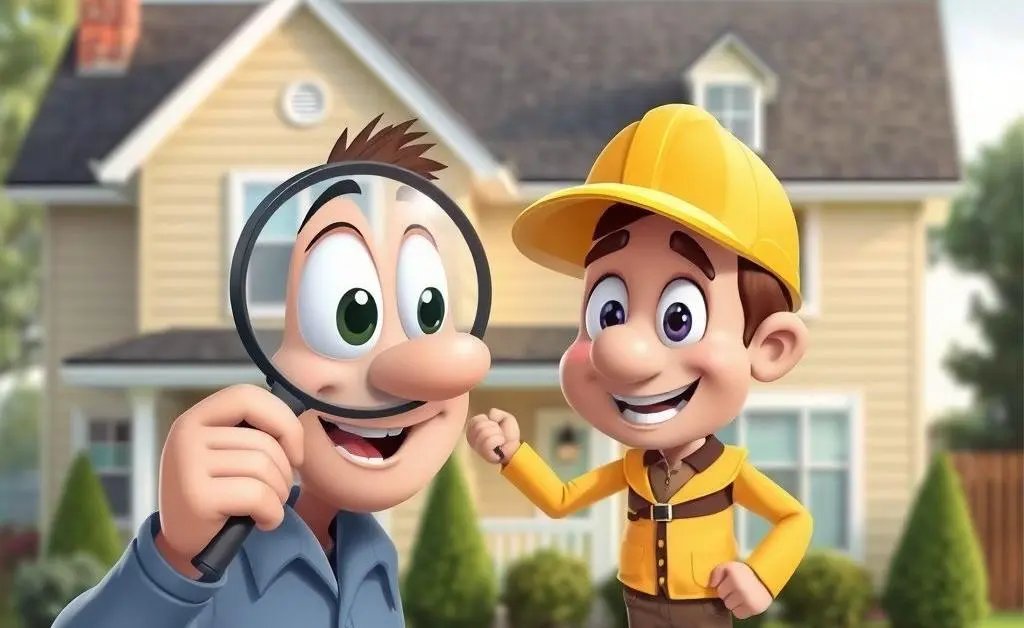 A friendly home inspector examining a house with a magnifying glass.
