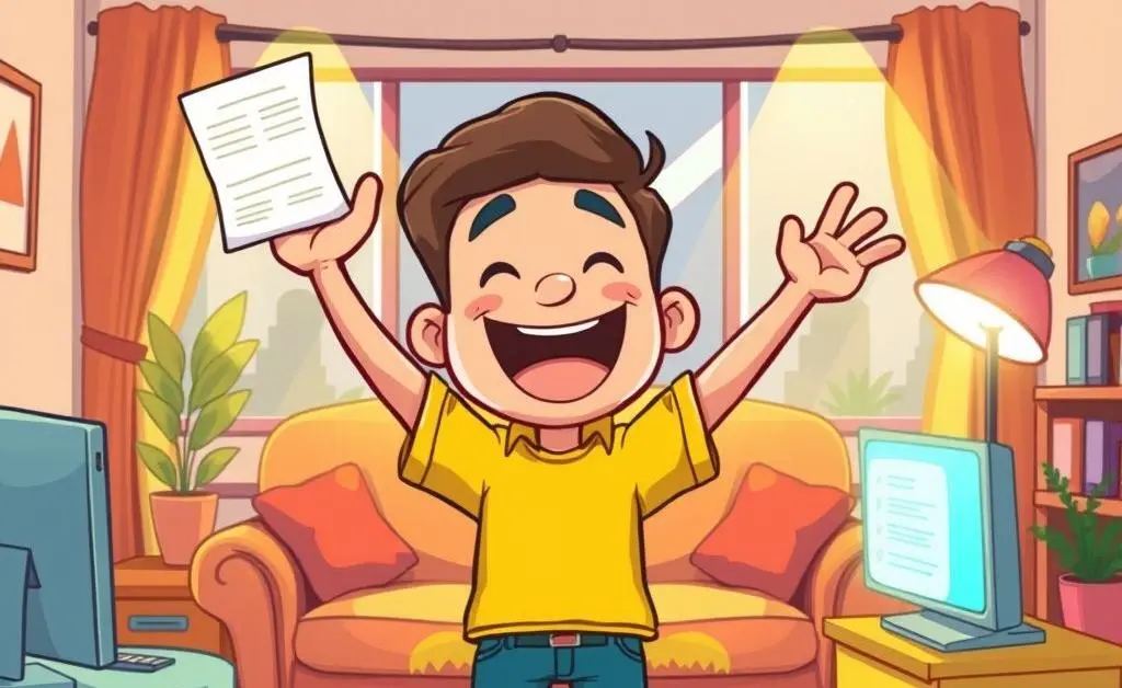 A cartoon depiction of a person rejoicing at home after successfully filing an insurance claim.