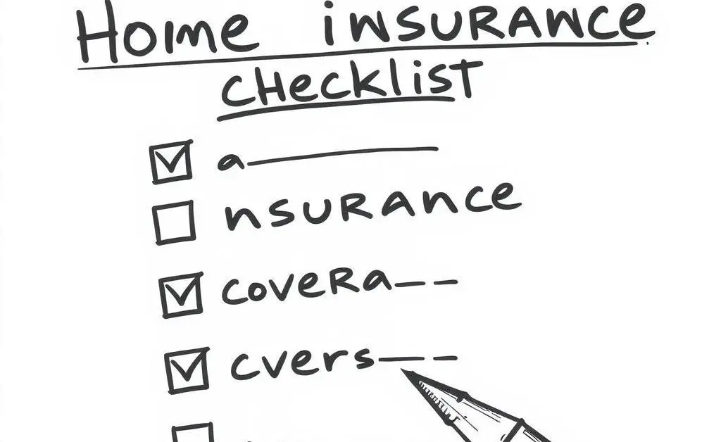 Hand-drawn style image of a checklist for home insurance coverage, with a pen.