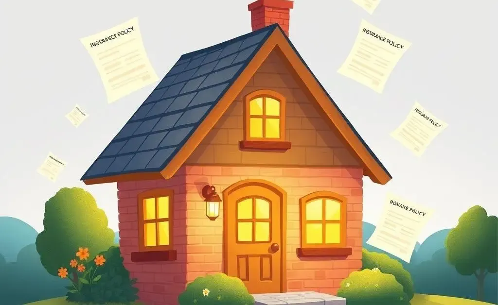 An animated drawing of a cozy home with floating insurance policy papers around it.