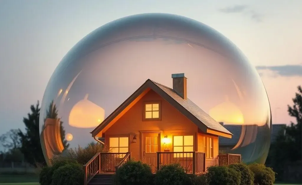 A cozy home surrounded by a protective bubble, symbolizing the security that home insurance offers.
