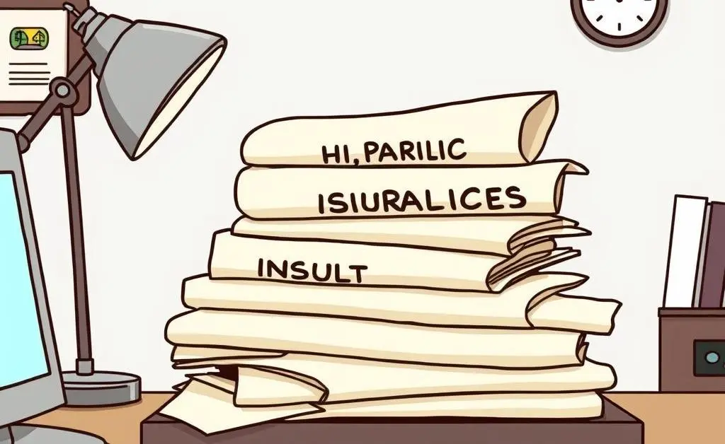 Cartoon-style papers representing home insurance policies piling up humorously on a desk