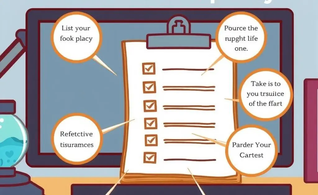 A cartoon-style image of a checklist on a desk, highlighting important aspects of a home insurance policy.