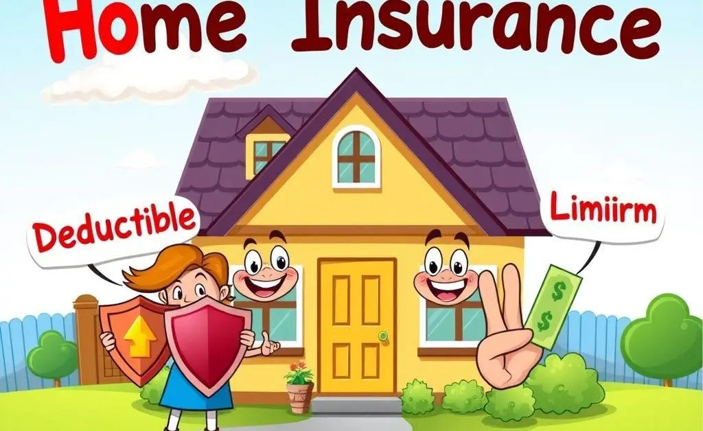 Cartoon-style illustration showing common home insurance terms like 'Deductible', 'Premium', 'Liability' with visual icons.