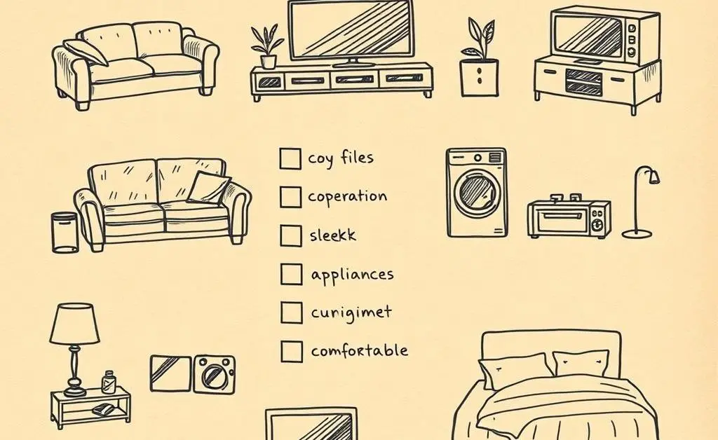 A hand-drawn-style checklist with home items like furniture, electronics, and appliances.