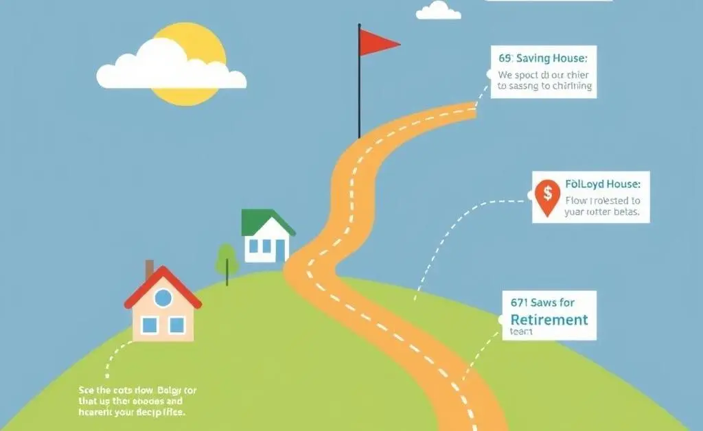 Roadmap illustration showing milestones like buying a house and saving for retirement.