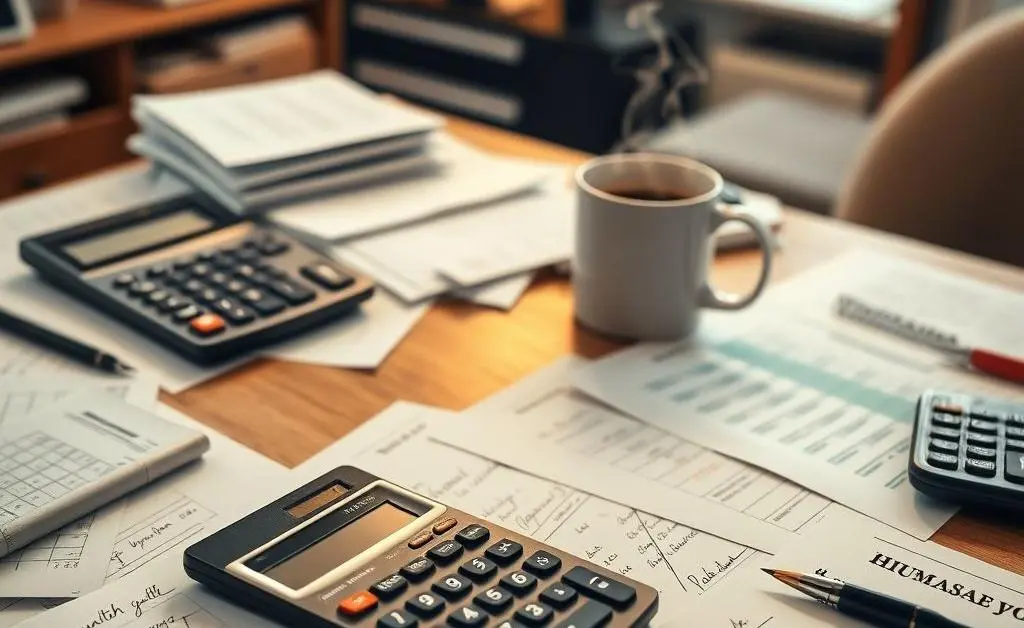 A tidy desk with calculators, papers, and a coffee cup, illustrating home loan calculations.
