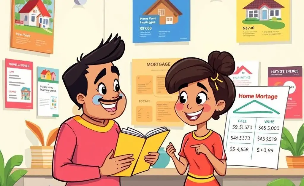 Cartoon-style graphic of a couple discussing home loan options.