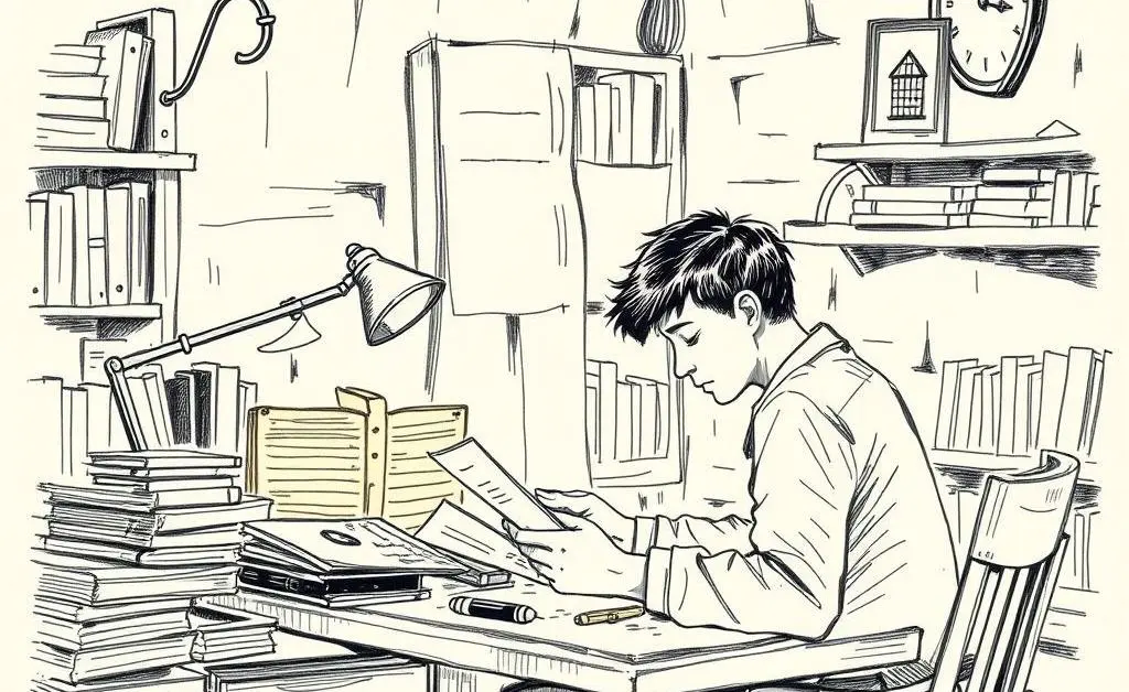 A hand-drawn illustration of a person reviewing mortgage documents at a cozy desk.