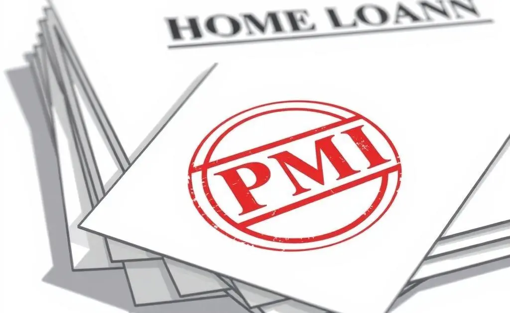Illustration of a stack of home loan documents with a 'PMI' stamp