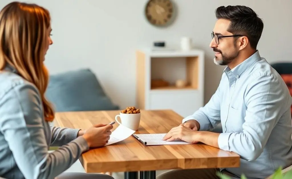 Couple at a table discussing home loan options with a financial advisor.