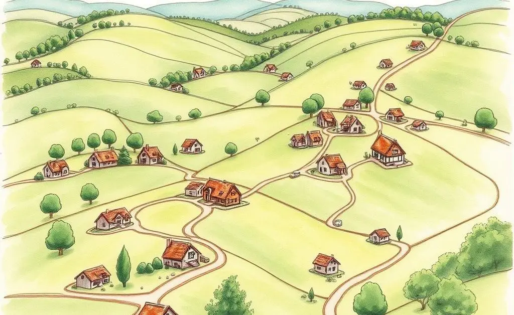 A map with houses marked at various locations, representing choosing a location for a second home