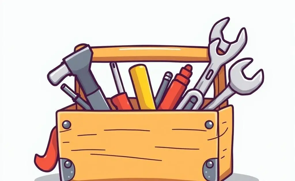 A cartoon-style toolbox with various tools like a hammer, screwdriver, and wrench.