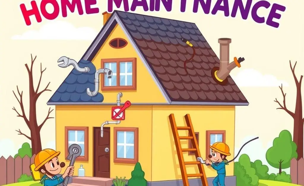 A cartoon-style image of a checklist for home maintenance, including plumbing and roof checks.