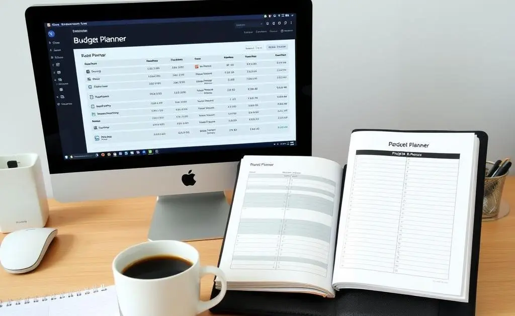 A modern desk setup with a budget planner and personal finance data