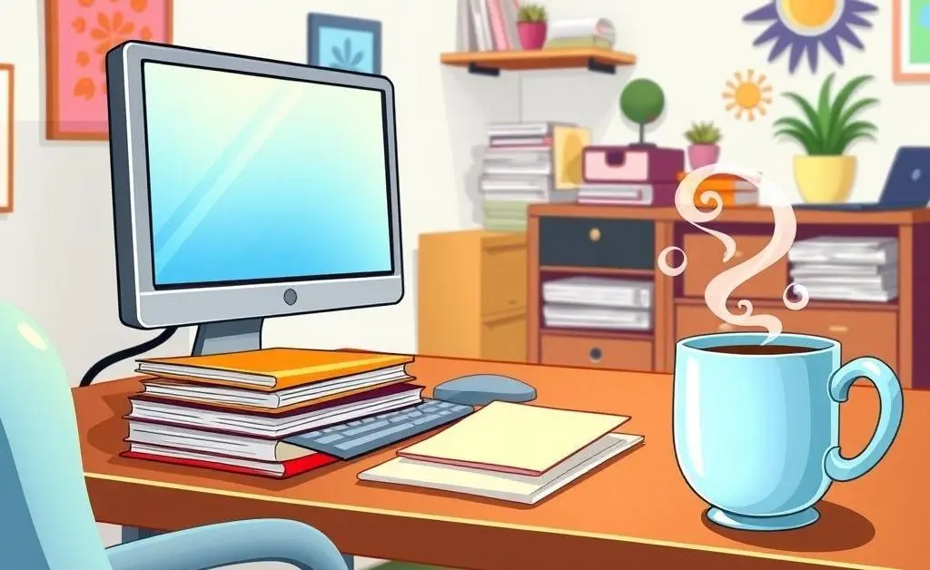 A tidy home office with papers, a computer, and a cup of coffee.