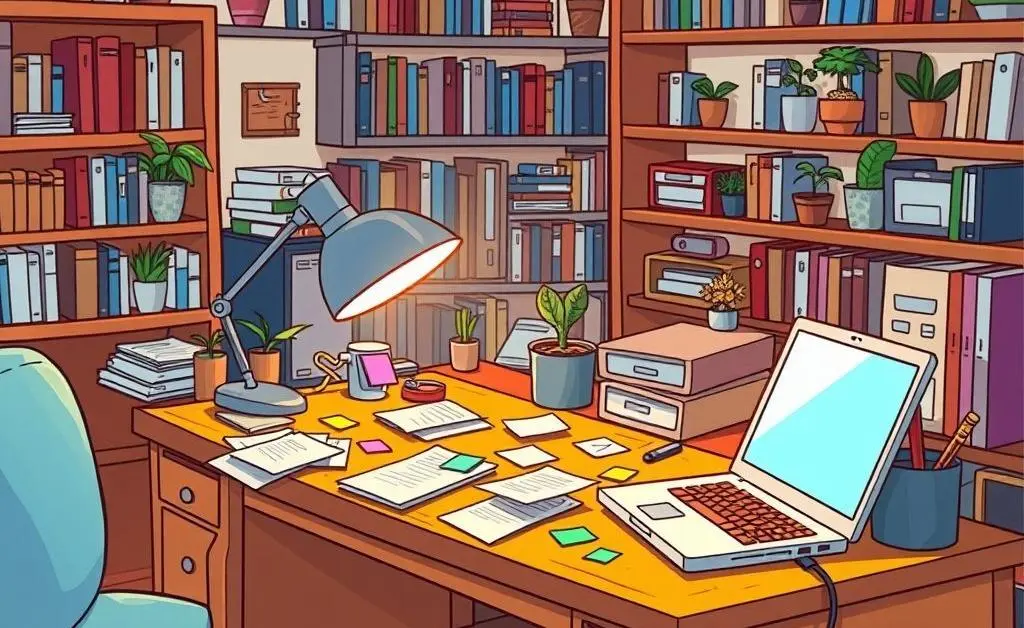 Home desk cluttered with insurance paperwork