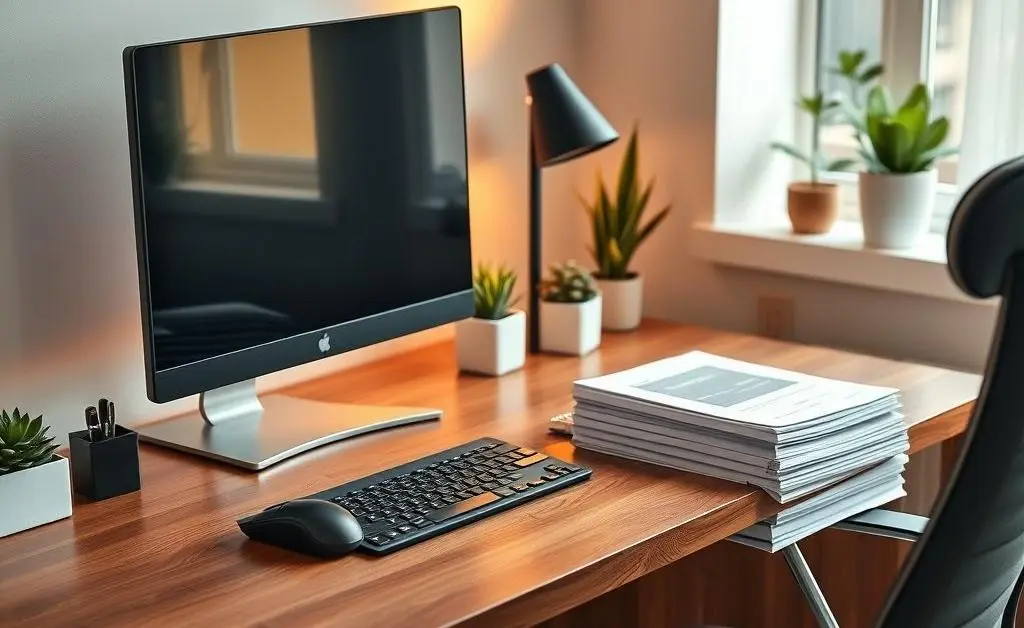A neatly organized home office setup with a computer and insurance paperwork.