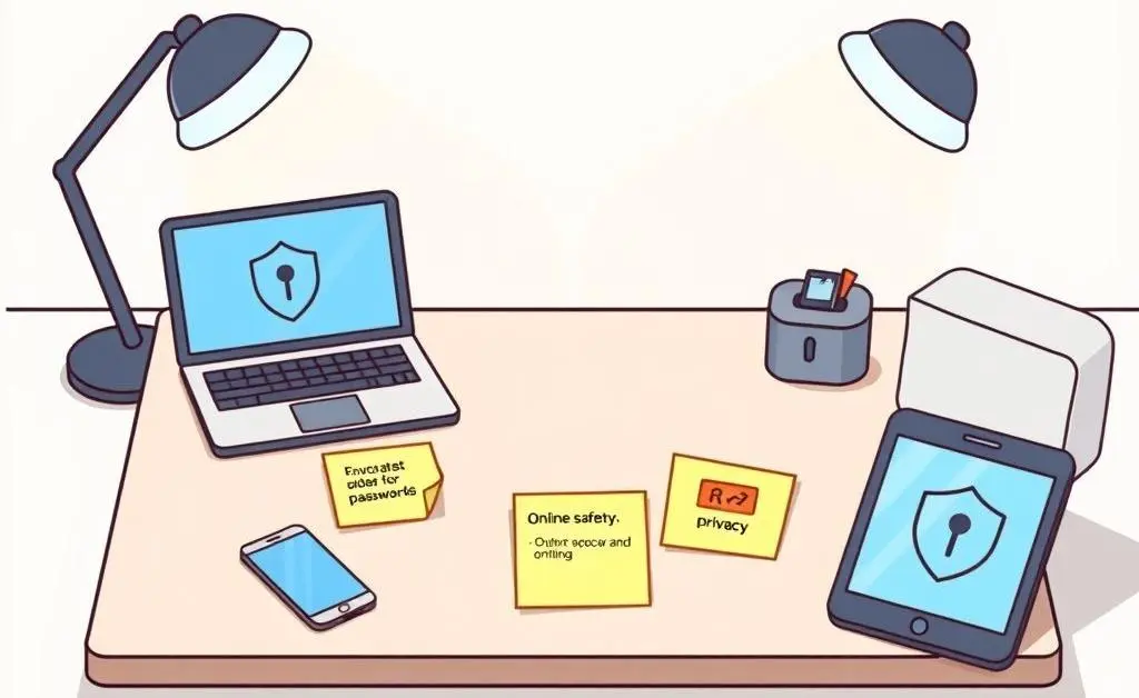 A minimalist, cartoon-style desk setup with secure devices and notes on online safety.