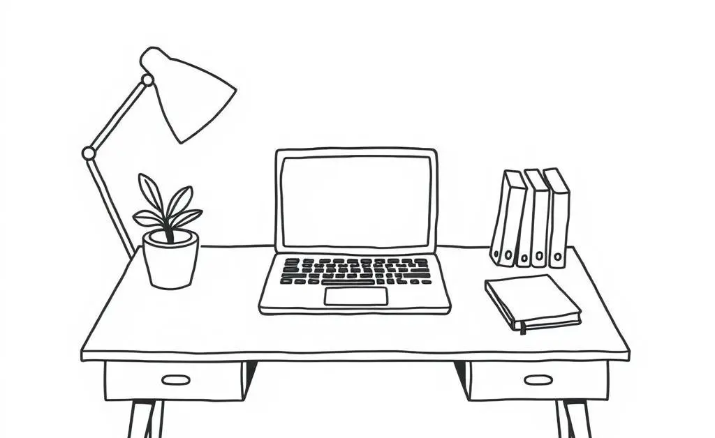 Home office setup with laptop and plant