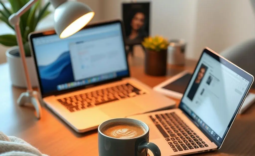 Cozy home office with laptop and coffee indicating remote work