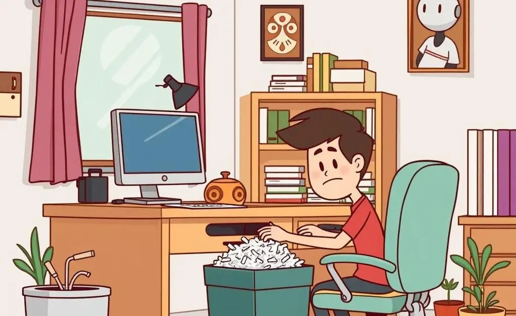 Cartoon-style home office setup with a person using a shredder