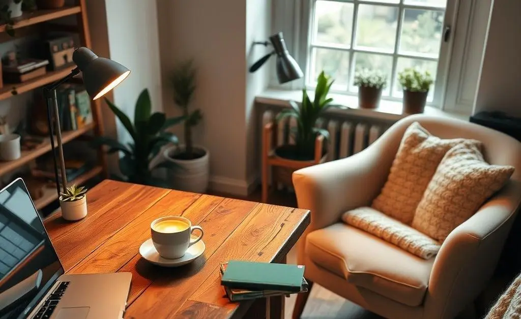 A cozy home office setup with coffee, laptop, and notebooks