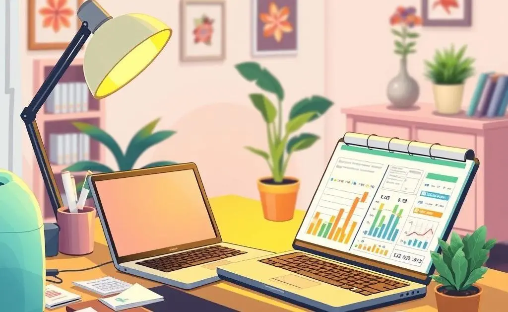 A cartoon-style home office desk with a laptop and a budget planner, symbolizing financial planning due to tariff changes.