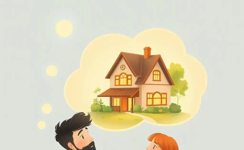 A thought bubble above a couple's head, depicting their dream home.