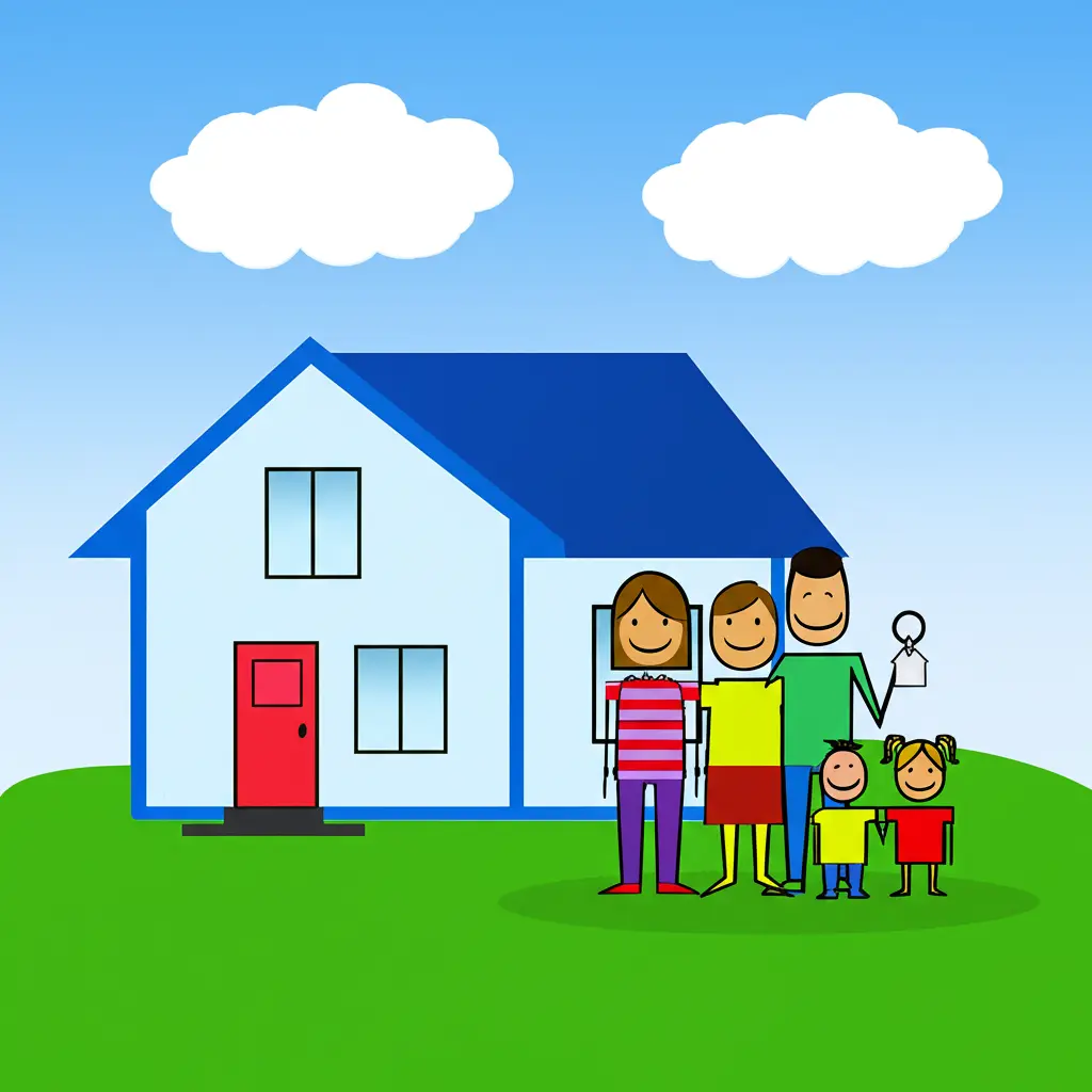 A simple cartoon of a happy family standing in front of their new home, with keys in hand.