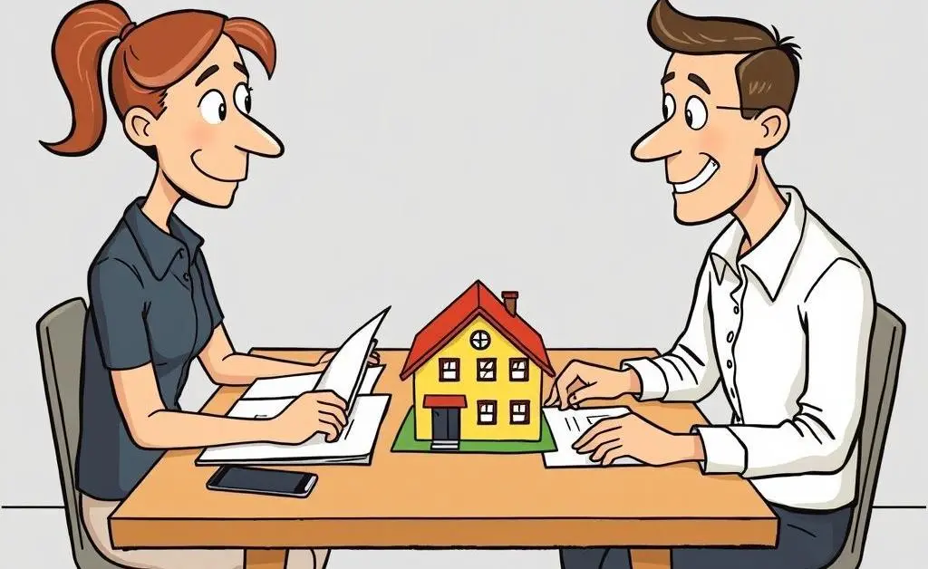 Cartoon of two people reviewing documents at a table