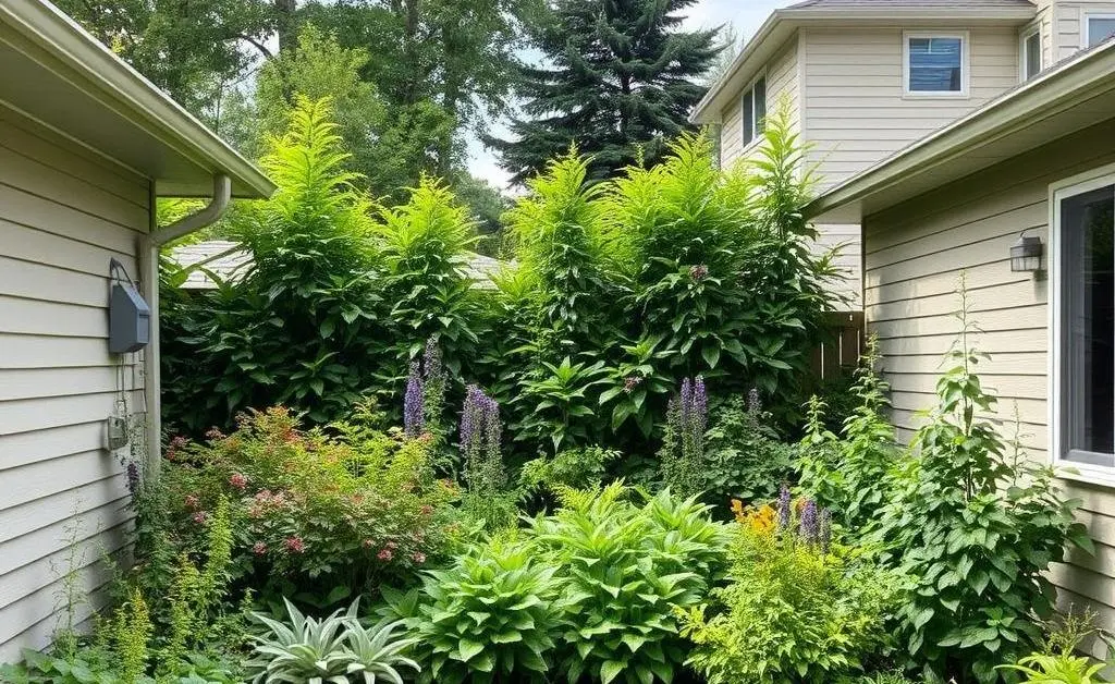 A backyard with a lush garden serving as a natural privacy barrier between two homes.