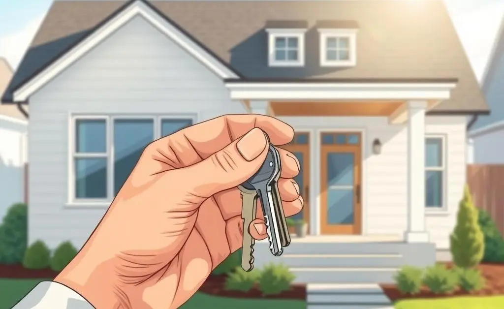 Illustration of a hand holding house keys in front of a new home.