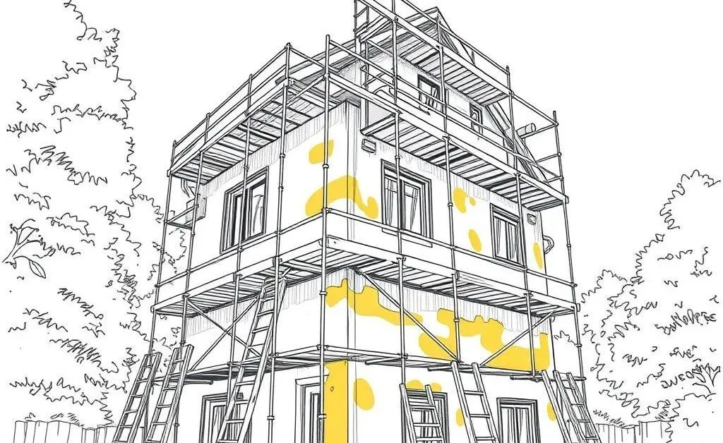 An illustrated home undergoing renovations