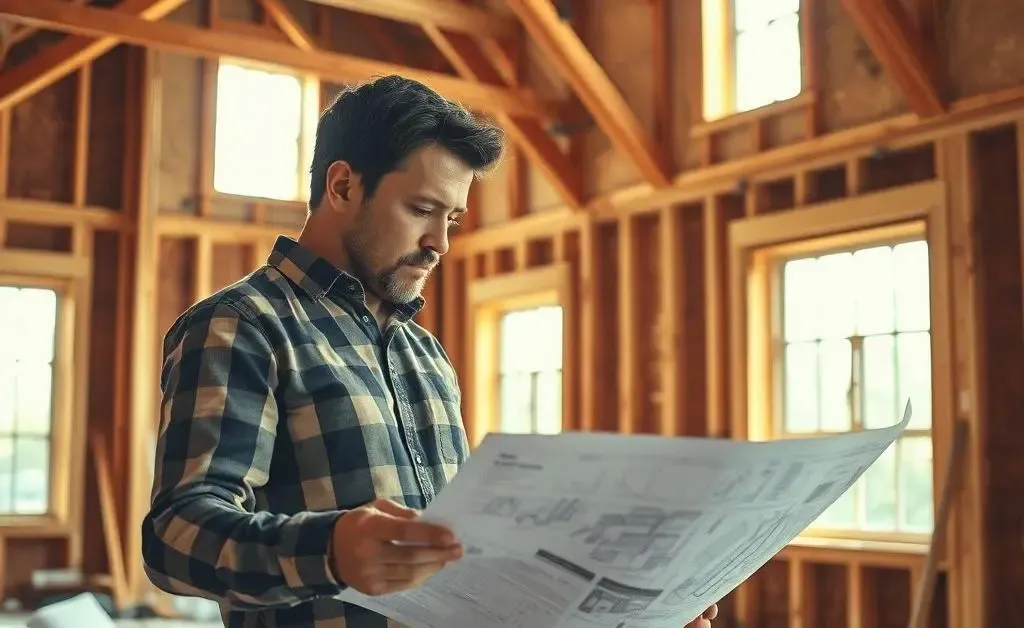 A person examining blueprints and renovation plans in a partially completed home.