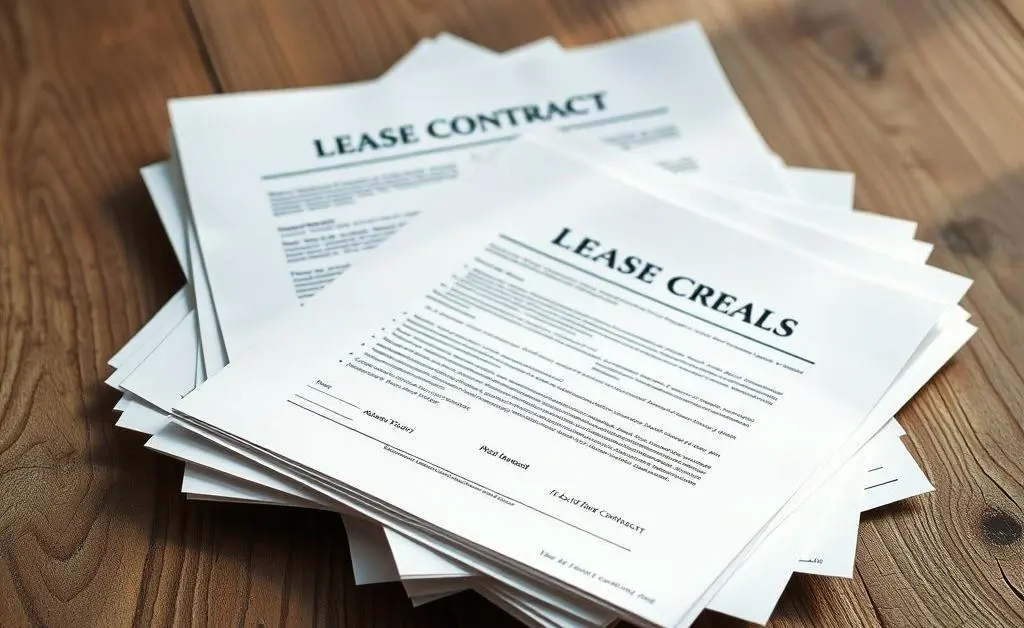 A stack of rental agreements and legal documents on a wooden desk