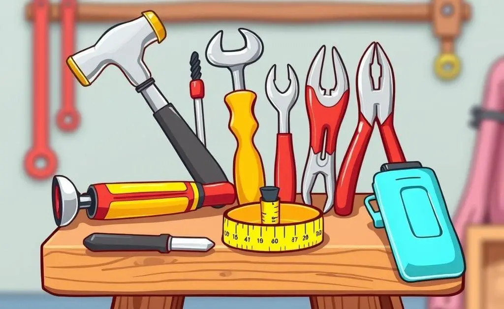 Cartoon-style depiction of various home repair tools neatly organized on a workbench.