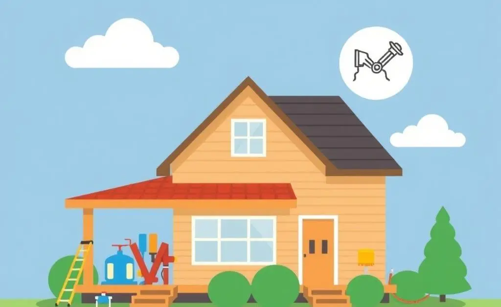 Cartoon checklist with home repair items like plumbing, roofing, and electrical