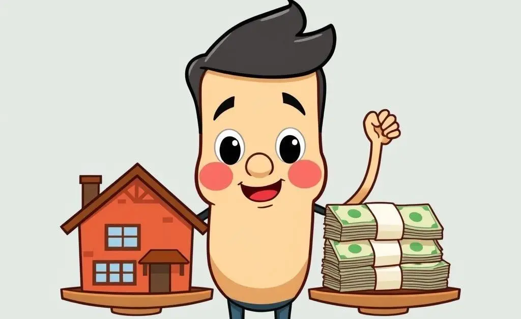 A cartoon character weighing options with a house and a stack of bills.
